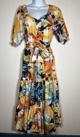 FLYING TOMATO Midi Dress Small Abstract Floral Tiered Boho Puff‎ Sleeve Art Belt Photo 0