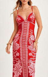 Passion Red & White Print Spaghetti Strap Slit Maxi Dress Photo 0