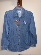 Vintage Christmas Toys Embroidered Denim Shirt Cottagecore Teacher Teddy Bear Photo 0