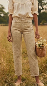NWT‎ ZARA The Dreed Cropped Printed Flare Jeans Women's Size 4 Tan Cottagecore Photo 0
