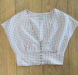 Urban Outfitters Tan and White Checkered Cropped V-Neck Top Photo 0