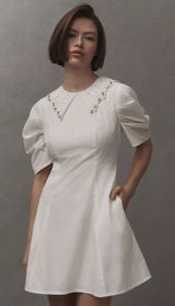 Anthropologie BHLDN Pearl Crystal Collar Puff Sleeve Ivory Mini Dress M‎ Photo 0