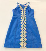Lilly Pulitzer Alianna Shift Dress Women Blue Seersucker Lace Halter Cotton Sz 4 Photo 0