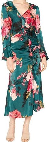 Misa Santana Midi Dress Wrap Crepe Chiffon Long Sleeve Ruffle Floral Green S Photo 0