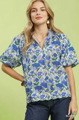Umgee Floral Puff Sleeve Blouse with Scalloped Details - Small Photo 0