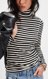 NWOT Free People We The Free Good Good Stripe Turtleneck- black ivory combo - XS Photo 0