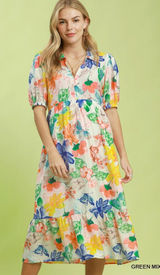 Umgee Watercolor Floral Tiered Midi Dress - Green Mix - Large Photo 0