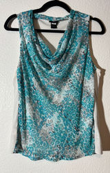 Ann Taylor Size M Petite Turquoise Gray Leopard Cheetah Cowl Neck Sleeveless Top Photo 0