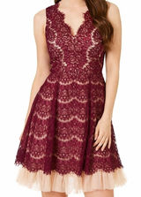 Trixxi Burgundy Lace Fit Flare Mini Dress XL V-Neck Eyelash‎ Lace Tulle Hem Photo 0