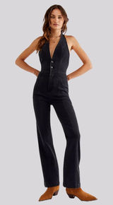 We The Free People Cruz Black Denim Halter Jumpsuit Minimalist Boho Festival Photo 0