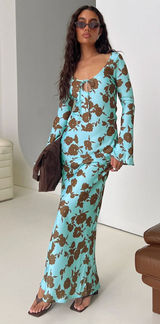 PRINCESS POLLY Elorie Long Sleeve Maxi Dress Blue / Brown Size 2 NEW Photo 0
