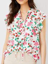 ANN TAYLOR Floral Mixed Media Ruffle Sleeve Tie Neck Shell Top White Strawberry Photo 0