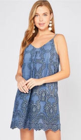 Entro Blue Floral Embroidered Eyelet Mini Dress V-Neck Dark Fairy Whimsigoth S Photo 0