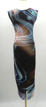 Zara Mesh Abstract Swirl Print Ruched Midi Dress Blue Purple Brown Medium Photo 0