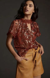 Anthropologie Floral Sequin Rust Orange Ruffle Tie Blouse Womens Large Photo 0