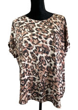 Maurices Womens Leopard Print Short Sleeve Zipper Back Blouse Brown Size L Photo 0