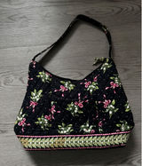 Vera Bradley Lily Bell Quilted Cotton Shoulder Bag Black Floral Pink Bows Hobo Photo 0