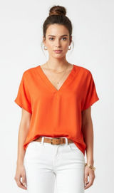 DKNY Orange V Neck Short Sleeve Blouse Top NEW L Photo 0
