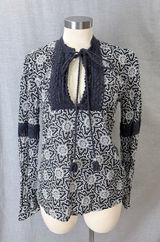 Tory Burch Navy White Geometric Crochet Tassel Blouse Size 10 Cotton Boho Top Photo 0
