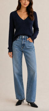 Brandy Melville Ribbed Knit V Neck Pullover Sweater Cotton Navy Blue Photo 0
