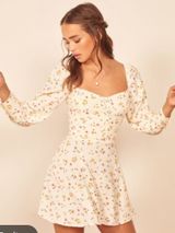 Reformation hooman long sleeve Cream Mini Dress with Dainty Floral Print size 6 Photo 0