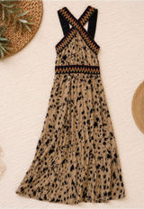 Women's Tan and Black Patterned Maxi Dress with Embroidered Trim Photo 0