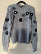 NWT Blue Floral Appliqué Embroidered Crewneck Knit Sweater Small Oversized Photo 0