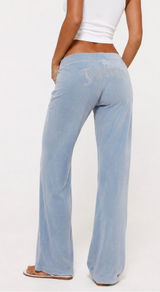 Juicy Couture Light Blue Rhinestone Logo Wide-Leg Velour Jeans Photo 0