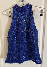 Vintage Laurence Kazar Blue Silk Hand Sequined‎ Halter Top Sz Small 90's Retro Photo 0