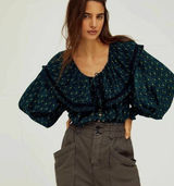 Free People Sunrise Printed Long Sleeve Shirt Black/Teal Size M Photo 0