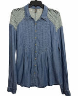 Free People Lace Embroidered Denim‎ Pearl Snap Tencel Linen Button Down Shirt 10 Photo 0