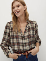Mango MNG Womens Plaid Ruffle V-Neck Blouse Orange Black‎ Wool Blend 8 Academia Photo 0