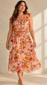 Stella & Julie Midi Dress Womens 14 Pink Floral Ruffle Sleeveless Garden Party Photo 0