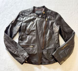 Maje Asymmetric Leather Moto Jacket Womens Size 3‎ L Brown Biker Gold Zip Edgy Photo 0