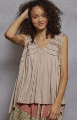 POL Babydoll Tank Top Women Medium Pink Lace Trim V-Neck High Low TKT12 Photo 0