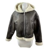 Stradivarius Women's Brown Fleece Sherpa Hoodie Full Zip Faux Leather Jacket L Photo 0