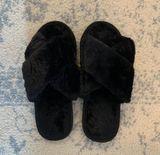 Black Furry Fuzzy Slip On Slippers Photo 0
