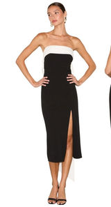Lulus Fabulous Phenomenon Black White Strapless Bow Midi Dress Wedding Guest Photo 0