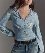 Maeve | Anthropologie light blue floral smocked long sleeve blouse top WOMENS M Photo 0