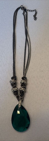 Gunmetal Chain Necklace with Emerald Teardrop Pendant Photo 0