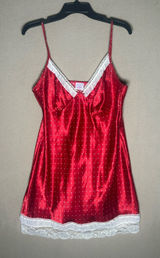 Red Satin dress White lace Trim Chemise slip dress size Medium Lace polkadot Photo 0