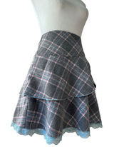 Freebird Gray & Blue Plaid Tiered Lace Hem Mini Skirt Photo 0