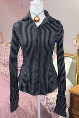 Y2K Office Siren Black Pinstripe Button-Down Women's Shirt Photo 0
