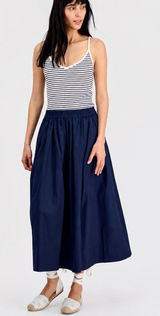 097- On 34th Navy Blue Pull-On Cotton Poplin Midi Skirt Size Large Photo 0