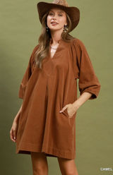 Umgee Corduroy V-Neck Puff Sleeve Shift Dress with‎ Pockets - Camel - Large Photo 0