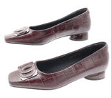 Vero Cuoio Burgundy Croc Embossed Leather Square Toe Buckle Low Block Heel 8 Photo 0