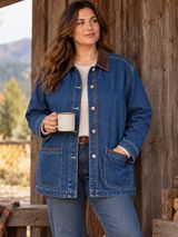 St John's Bay Women's 1X Denim Chore Barn Jacket Brown Corduroy Collar Blue Photo 0