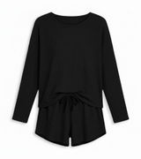 Fantaslook Womens Pajama Set Size L Black Waffle Knit Loungewear Top and Shorts Photo 0