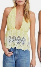 Free People M Lunch‎ Date Yellow Polka Dot Halter Top Citron Plunge Coquette New Photo 0