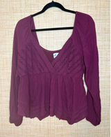 Hollister Burgundy Crochet Lace Smocked Back Babydoll Top XL Long Sleeve Plum Photo 0